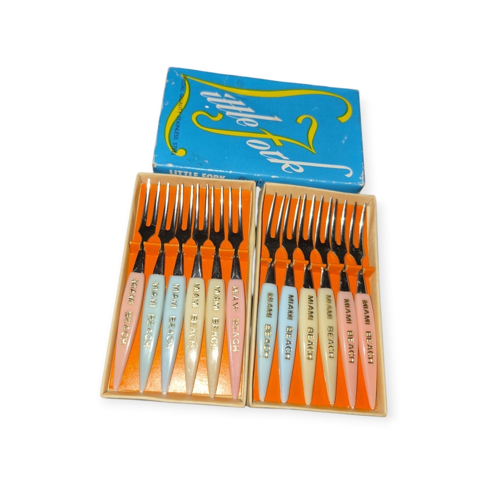 Vintage MCM Miami Beach LITTLE FORKS set of 12..2 forks each. NOS
